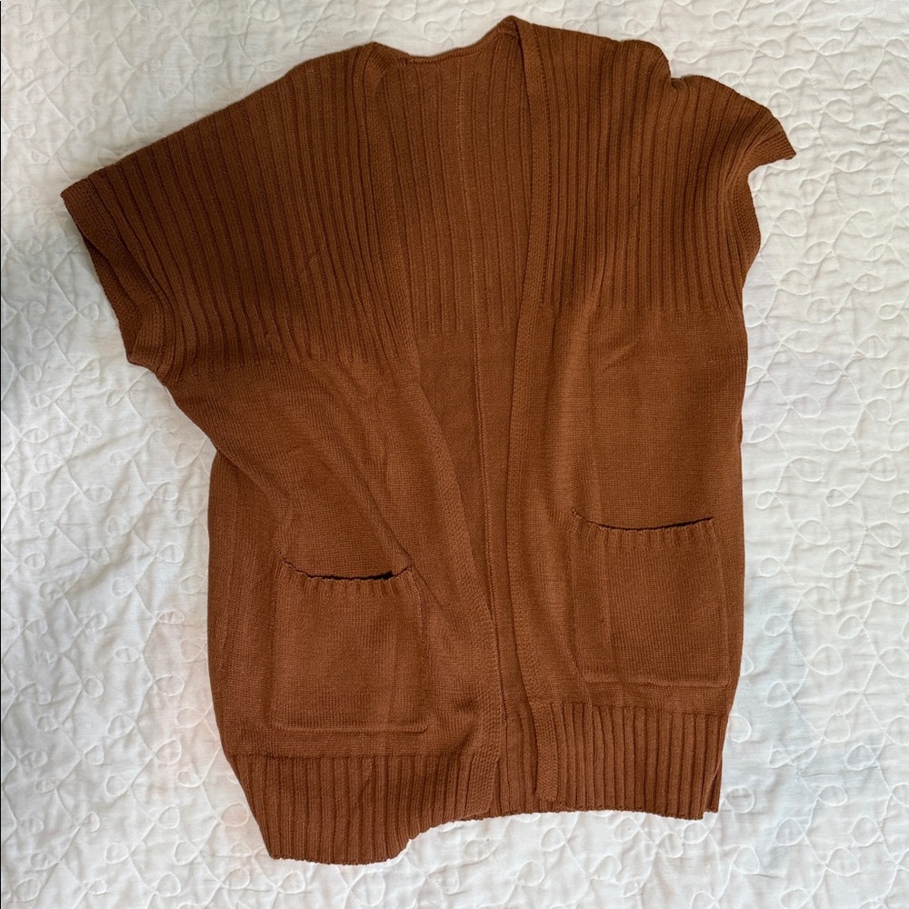 Brown Ribbed Open-Front Cardigan